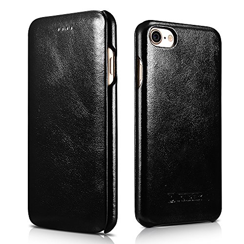 iPhone 7 Leather Case, Icarercase Genuine Vintage Leather Flip Folio Opening Cover in Curved Edge Design, Side Open Case with Hidden Magnetic Snap for Apple iPhone 7 (Black)
