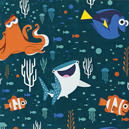 Disney Finding Dory Characters and Coral Dark Teal Fabric Sold by the Yard