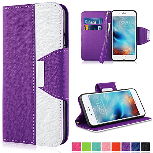 iPhone 6 Case, iPhone 6S Case,Vakoo Wallet Leather Folio Slim Fit Soft TPU Back Case for Apple iPhone 6/6S with Magnetic Closure and Wrist Strap - Purple / White