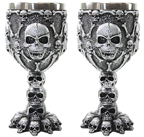 Set of 2 Silver Skulls & Bones Wine Goblet Stainless Medieval Collectible Home Decor Gift_Water Cup_Halloween_Horror Film Theme Party Ornamental