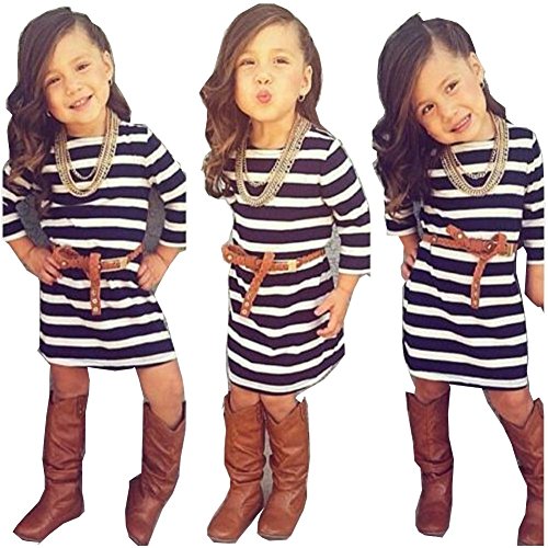 Girls Stripe Long Short Sleeve Party Mini Casual Dresses