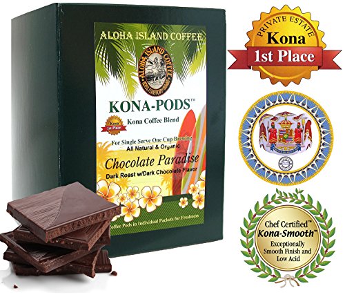 Chocolate Flavored Kona Coffee Blend, Soft Coffee Pods for Senseo and All Soft Pod Coffee Brewers, 18 Pods, Reusable Adapter for K-cup Brewing, Aloha Island Coffee