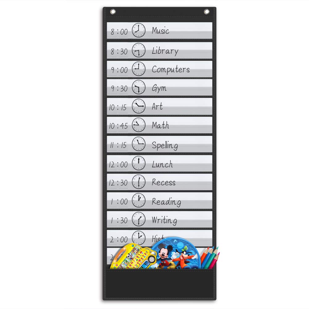 ZKOO Daily Schedule Pocket Chart, School Smart Pocket Chart with 18 Blank Double-Sided Reusable Cards, Teaching Scheduling Pocket Charts for Classroom 13+1 Pocket (Black)