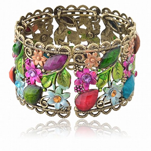 VTG Flower Bronze Resin CZ Rhinestone Drop Hollowed Bracelet Bangle
