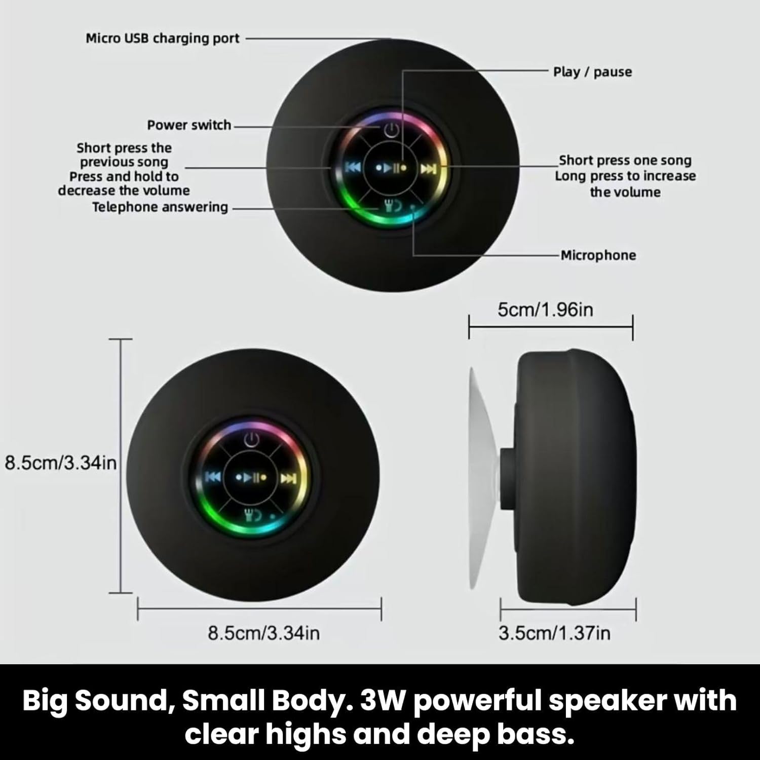 Bluetooth Shower Speaker With LED – Portable Wireless Mini Speaker With Mic & Suction Cup, IPX4 Water Resistant For Shower, Travel,Pool,River Floating_voghion.com