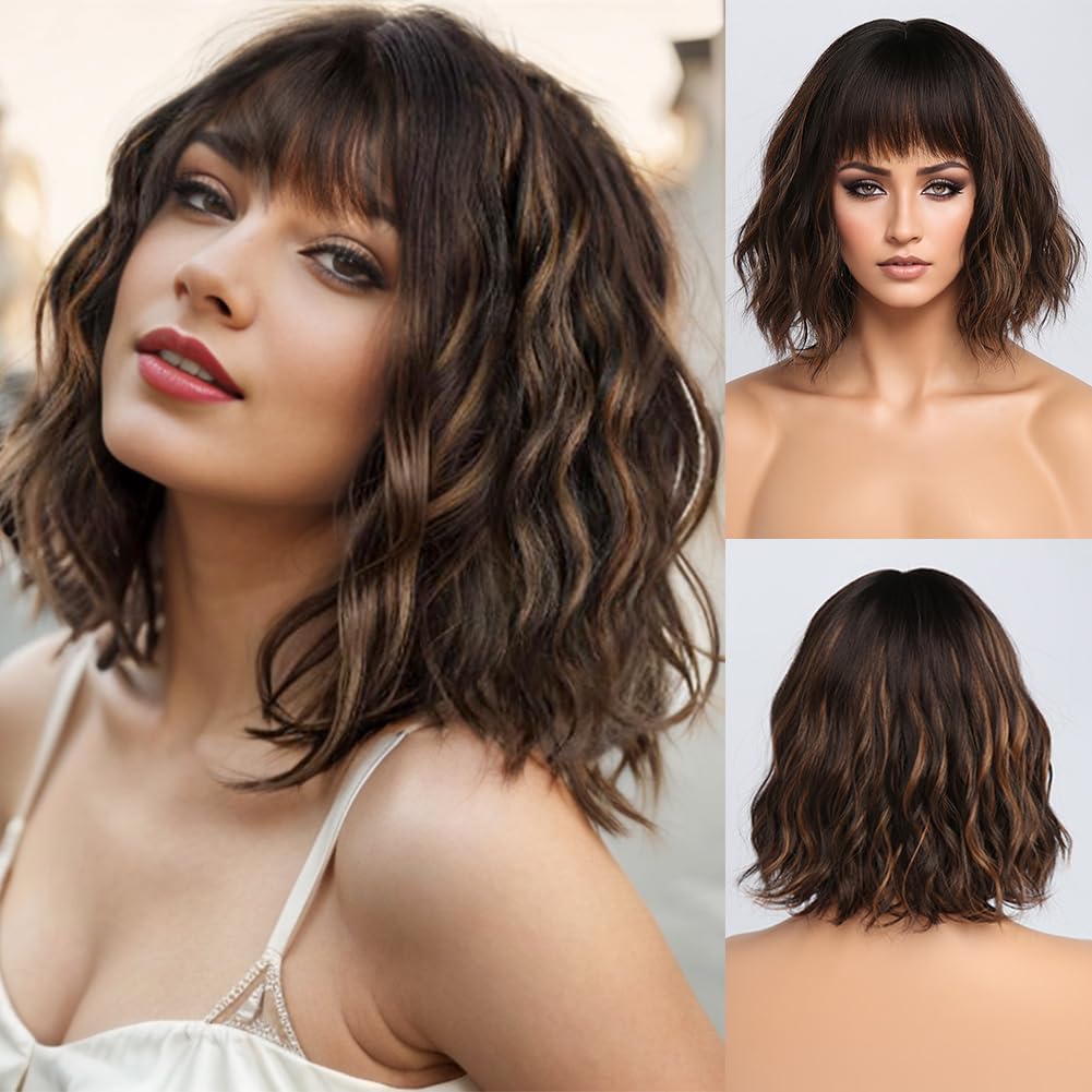 Kurze blonde Perücke für Frauen, natürliches Kunsthaar, Ombre-Bob-Perücke mit ordentlichem Pony, dunklem Ansatz für Alltag/Party/Cosplay (10 Zoll, Blond)._voghion.com