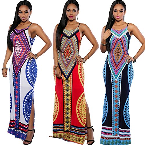 Moxeay Women Sexy Bohemian Floral Print Spaghetti Strap Backless Long Maxi Dress
