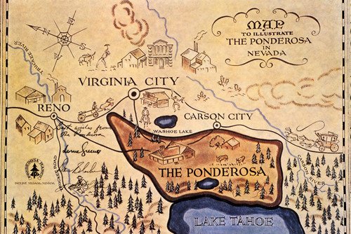

Bonanza The Ponderosa Lake Tahoe Reno Map Nevada State Classic Tv 24x30 Poster
