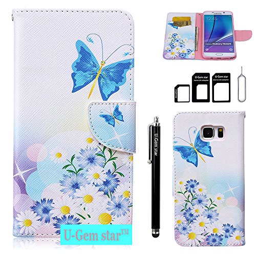 Note 5 Case, Galaxy Note 5 Wallet Case, U-Gem star Galaxy Note 5 PU Leather Wallet Stand Magnetic Cover Case for Samsung Galaxy Note 5,with SIM Card Adapter Kit+Screen Protector (Chrysanthemum)