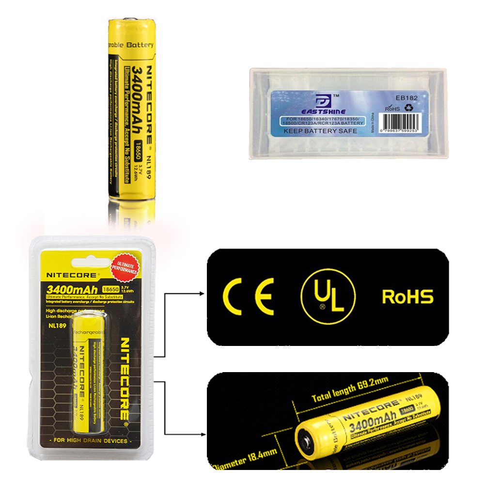 

Bundle:1Pack Nitecore NL189 3.7V 12.6Wh 3400mAh 18650 Rechargeable Li-ion Batteries Certified By CE UL ROHS Protected Battery Suited for TM06 TM26 HC50 HC90 SRT7 P12 P16 P36 EC20 EC25 MT26 etc and other High Drain Devices With 1PC EASTSHINE EB182 Battery