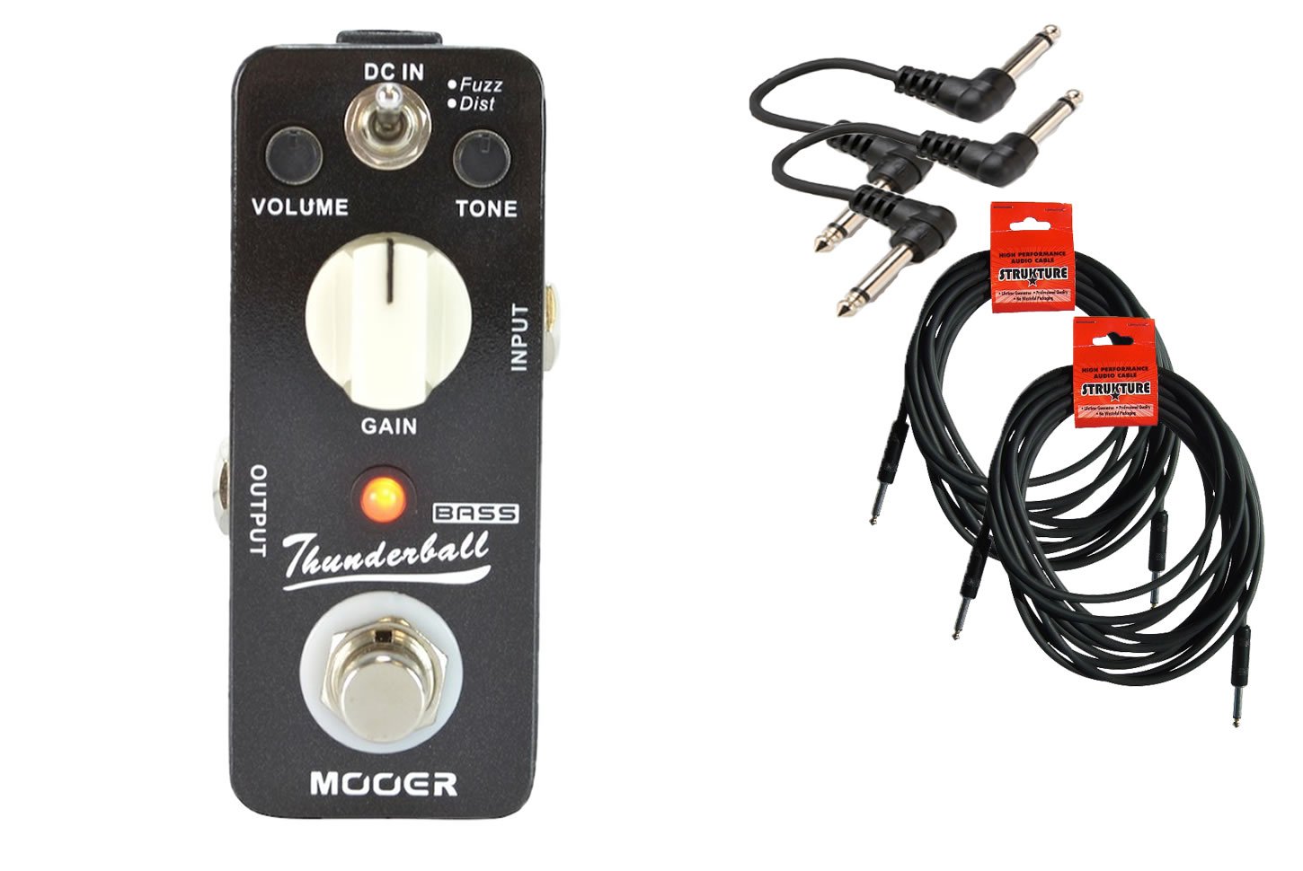 

Mooer Audio Thunderball Bass Distortion Cable Bundle w/ 4 free Items: 2x 18.6' Strukture Cables, 2x Hosa Patch Cables
