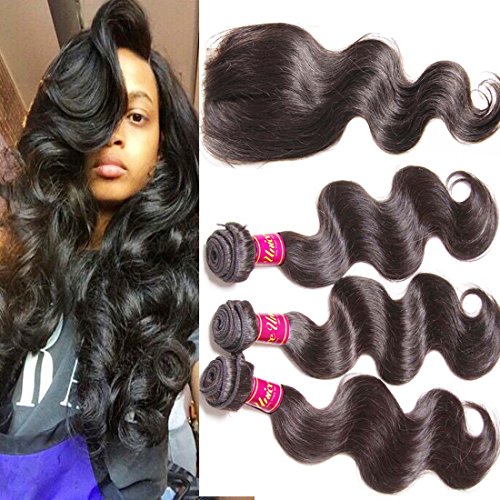 Unice Hair 3 Way Part 1pc 4x4 Lace Closure with Virgin Brazilian Human Hair 3 Bundles Weaves 4pcs Lot Body Wave Natural Color