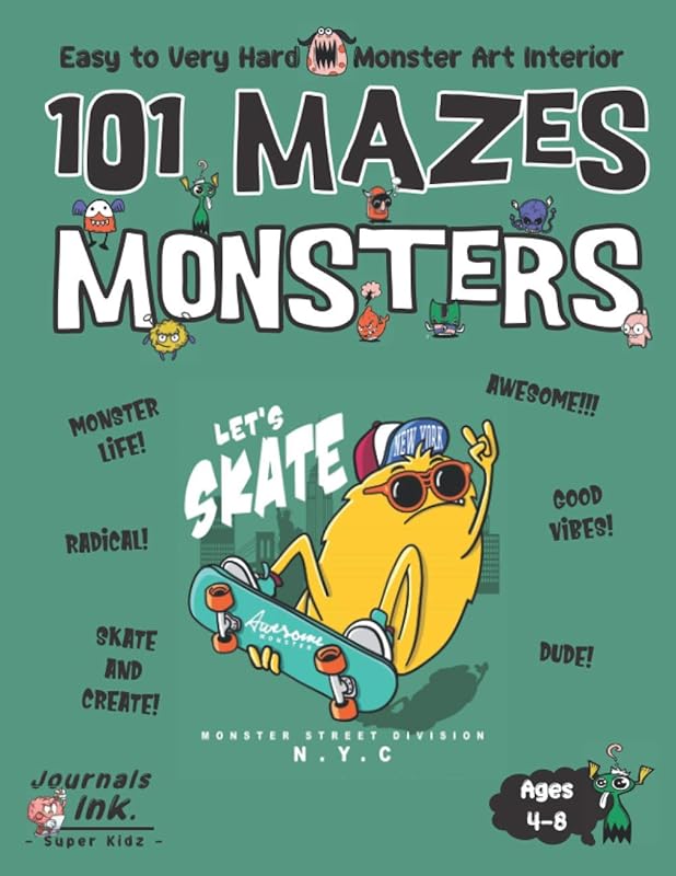 Monster Maze Book for Kids Ages 4-8: 101 Puzzle Pages. Custom Art Interior. Cute fun gift! SUPER KIDZ. Extreme Skateboard. by SK