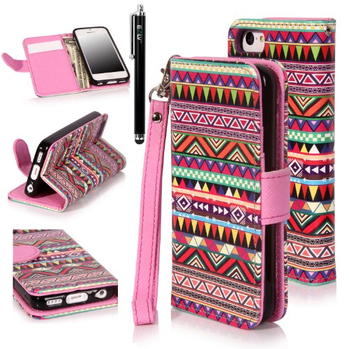 iPhone 5C Case, iPhone 5C Flip Case - E LV Deluxe Tribal print PU Leather Wallet Purse Flip Folio Stand Case Cover for iPhone 5C with 1 Stylus and 1 Clear Screen Protector
