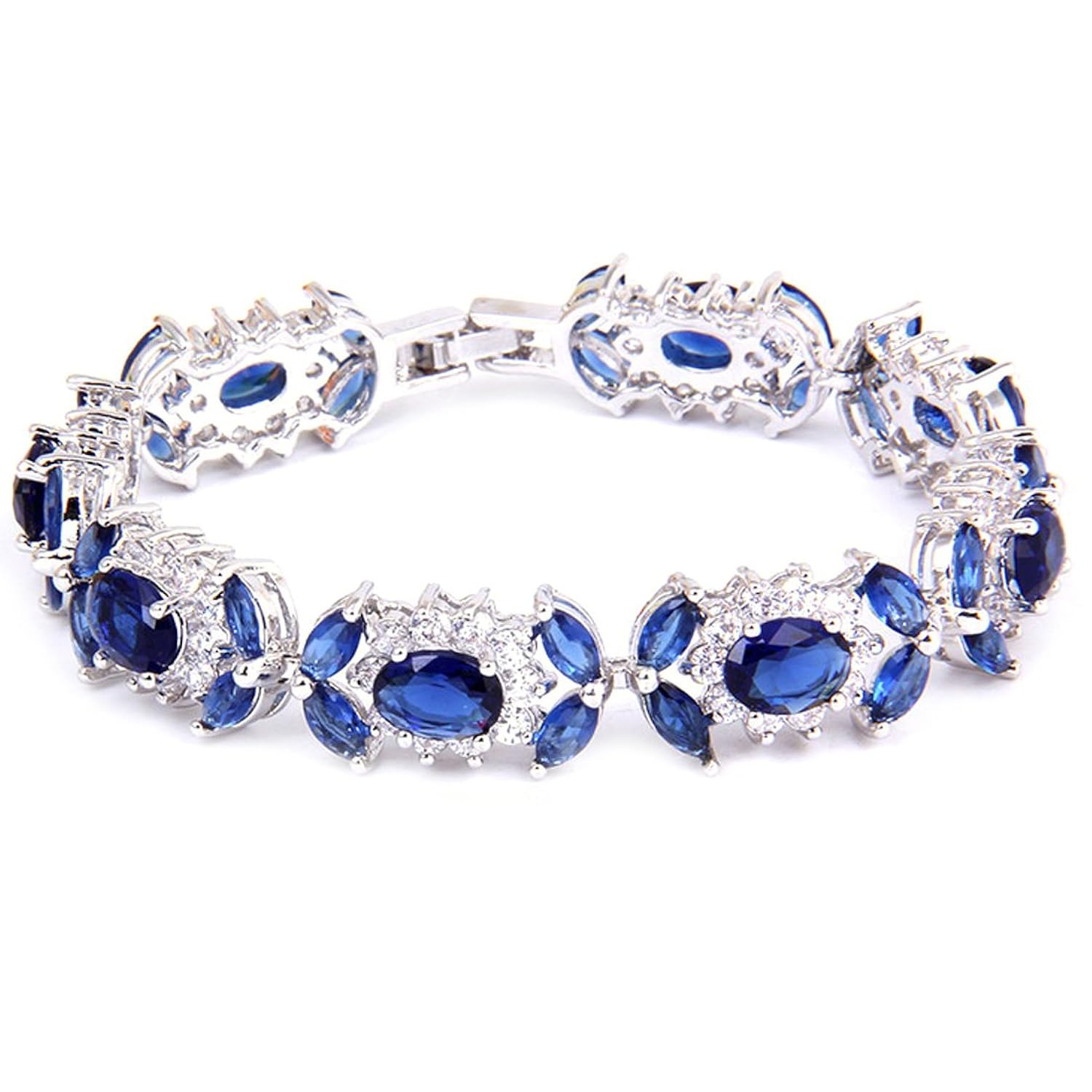 

White Gold GP Oval Marquise Round Tennis Royal Blue Swarovski crystal CZ Bridal Wedding Bracelet