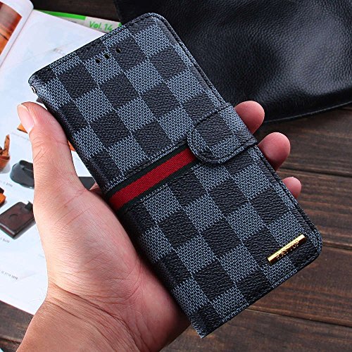 RAYTOP Luxury Brand Designer Black and Brown Checks Leather Cases for Apple iPhone 6 6s Flip Covers 4.7 Inches Regular Small Size Plaid Checkered Men Women Card Holder Classic Classy High Quality