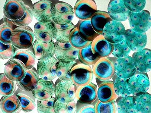 

48 round small ASSORTED TRADITIONAL PEACOCK FEATHERS Edible Image Wafer Paper feathers Pre-cut Cake Toppers