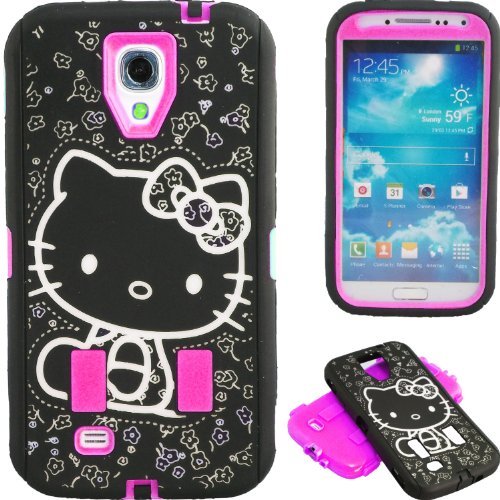 New Cute Hot Pink & Black Hello Kitty Hybrid Case for Samsung Galaxy S4 i9500 + Free Screen Protector & Stylus