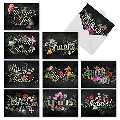 M2358TYGsl Chalk And Roses: 10 Assorted Thank You Note Cards Featuring Chalkboard Styled Written Gratitudes Combined with Beautiful and Colorful Floral Sprays, w/White Envelopes.
