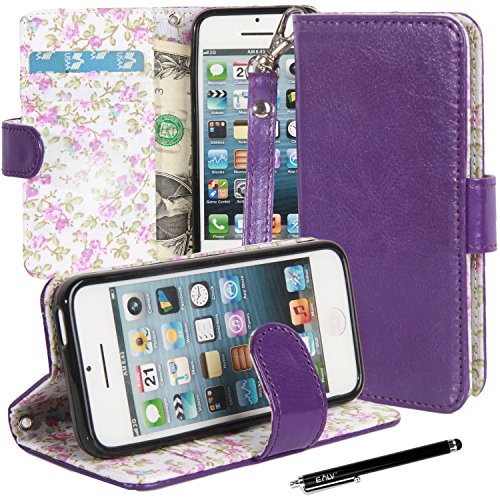 iPhone 5C Case, iPhone 5C Flip Case - E LV Deluxe PU Leather Wallet Purse Flip Folio Stand Case Cover for iPhone 5C with 1 Stylus and 1 Clear Screen Protector (Purple)
