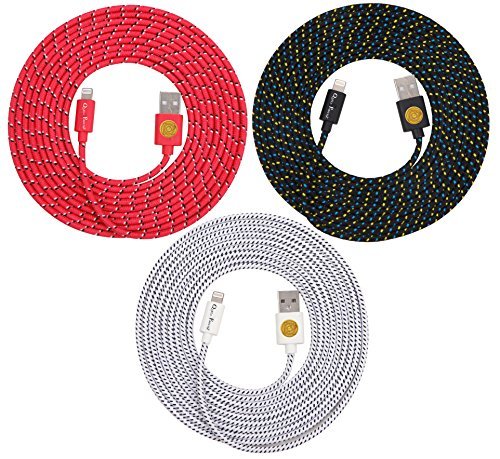 NEWLY Designed High Quality, 10ft(3m) Braided Nylon Lightning Charging Cables for Apple iPhone 5 5C 5S,iPhone 6, 6 Plus, iPad 4 Mini, iPod Touch 5/Nano 7, 8 pin to USB - 3pack (black/red/white)