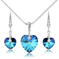 New Ocean Blue Heart Necklace and Earring Set with White Swarovski Elements Crystals - great Valentines Day gift for her