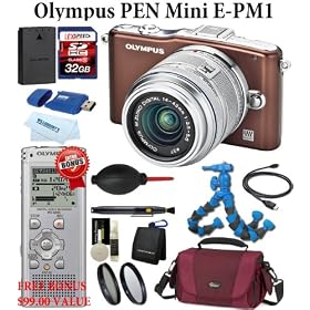 Olympus PEN Mini E-PM1 12.3 MP Digital Camera kit with 14-42mm II Lens (Brown) + BONUS Olympus Voice Recorder WS-600S + LEXSpeed 32GB SDHC Memory Card + Extra PS-BLS1 Battery + Lowepro Deluxe Camera Bag + 3pc 37mm Multi-Coated Essential Filter Kit + Flexpod