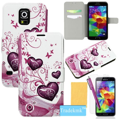 Galaxy S5 Case, Tradekmk(TM) Ultra-thin Pink Stereoscopic Love Shape Design Stand Wallet Leather Case Protector Fit For Samsung Galaxy S5 i9600,with Credit Cards Slots,Stylus Pen,Screen Protector and Cleaning Cloth