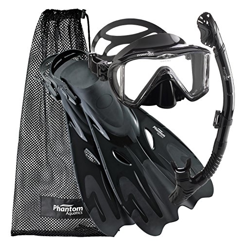 Phantom Aquatics Legendary Mask Fin Snorkel Set with Mesh Bag, All Black, Medium/Large