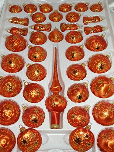 39 pcs Glass-Christmas Ball Set in „Ice Orange Golden Star“ – Christmas Tree Balls Baubles – Christmas decorations Handmade
