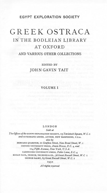 Greek Ostraca in the Bodleian Library at Oxford and Various Other Collections (Graeco-Roman Memoirs) (Greek Edition) by John Gavin Tait