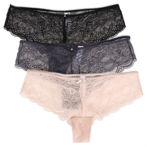 Ekouaer Womens 3 Pack of Sexy Lace Cheeky Hispter Panties Underwear Assorted Colors