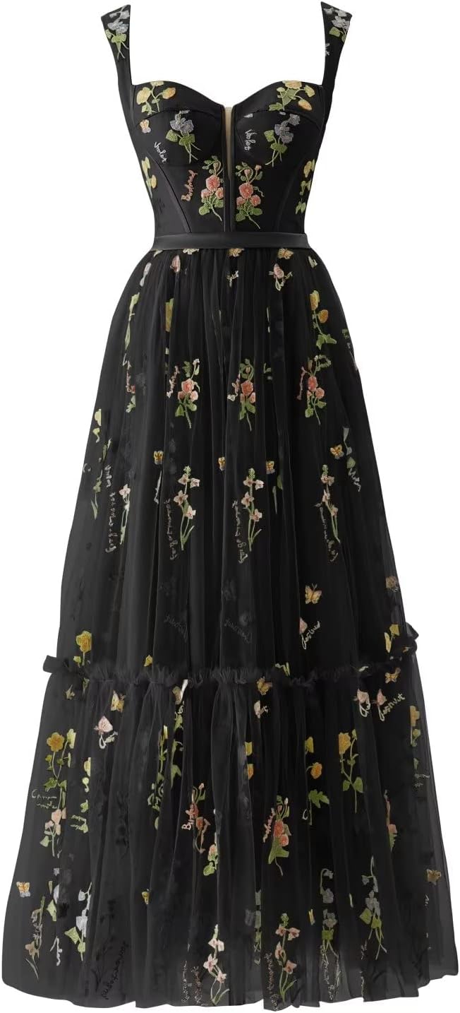 A-line Sleeveless Prom Dress Flower Embroidery Tulle Tea Length Formal Evening Party Gowns