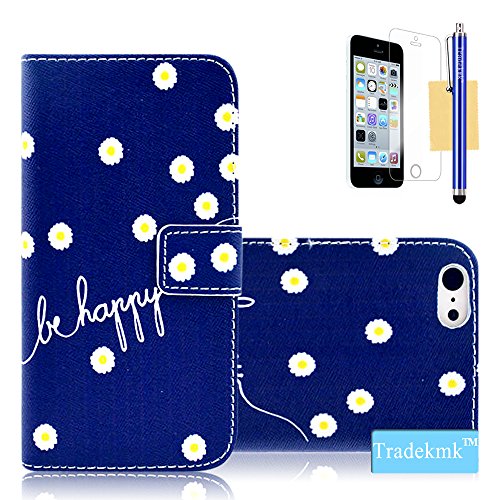 iPhone 5C Case, Tradekmk(TM) Blossom Little Chrysanthemum Pattern PU Leather Slim Fit Folio Wallet Stand Shell Cover Case with Card Holders Compatible with Apple iPhone 5C[+Stylus+Screen Protector+Cleaning Cloth]