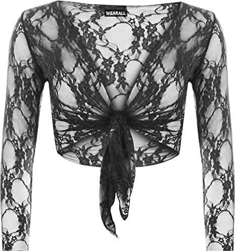 WearAll Women's Floral Lace Tie Up Long Sleeve Cardigan
