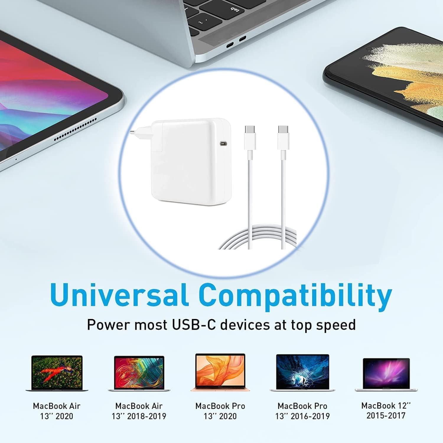 100W 96W USB C Oplader Charger voor MacBook Pro 13/14/15-inch 2022 2021 2020 2019 2018, MacBook Air 13-inch 2022 2020 2019 2018, MacBook 12-inch 2017 2016, 96W Laptop PD Lader met 1.8M Type C Kabel
