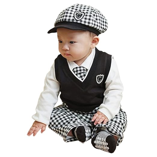 TANZKY&reg; Baby Boys' 5PCs Cool British Grid Tuxedo Formal Dress Suit Hat Tie US Size 18M