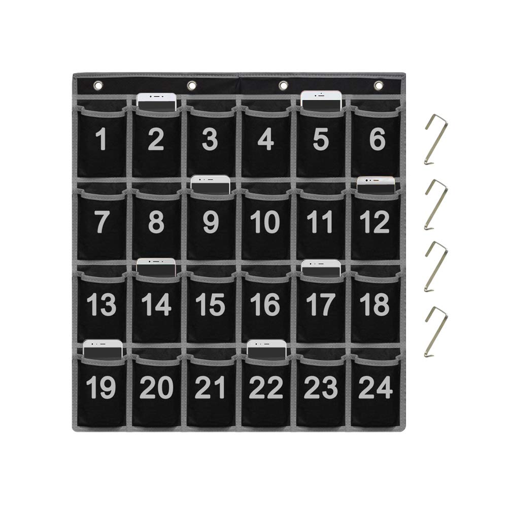 ZKOO Numbered Classroom Sundries Closet Pocket Chart, Cell Phones Calculator Holder, Wall Door Hanging Organizer With 4 Door Hooks (24 Pockets Black Grey)