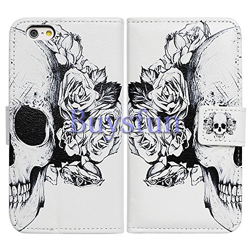 Bfun Packing Bcov White Floral Skull Card Slot Wallet Leather Cover Case for Apple iPhone 6 Plus AT&T Verizon Sprint