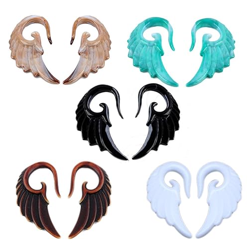 PiercingJ 5pcs 2G 0G 00G Mixed Colors Acrylic Spiral Taper Plug Gauge Ear Stretching Kit, Vintage Angel Wings