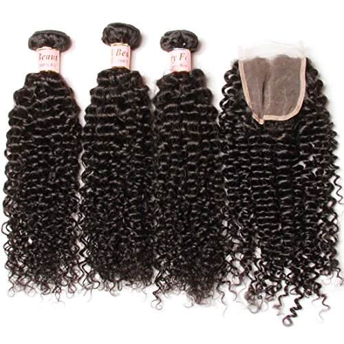 B&F Hair Unprocessed Brazilian Virgin Curly Hair Weave 3piece/lot Bundles with 1piece Free Part Lace Closure 100% Human Hair Extensions Nature Color