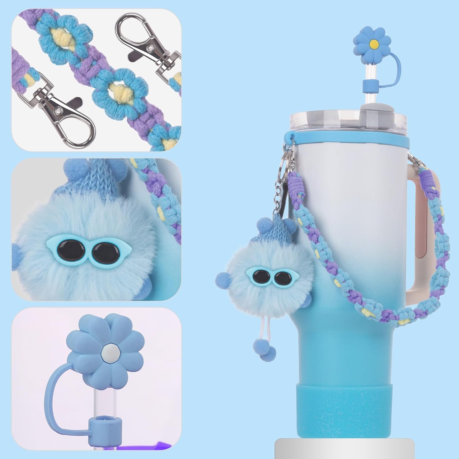 PINKPIN 7-Piece Stanley Cup Accessories Set – Handle Strap, Silicone Boot, Straw Cover, & Charms For 30oz & 40oz Tumblers (Blue)