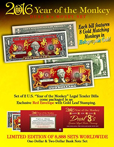 CHINESE NEW YEAR 2016 YEAR OF THE MONKEY $1 & $2 Dual 8s GOLD HOLO Set LTD 8,888
