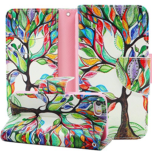 iPhone SE Case,iPhone 5S Case,iPhone 5 Case,JanCalm [Kickstand] NEW Pattern Premium PU Leather Wallet [Card/Cash Slots] Flip Case Cover for iPhone 5 5S SE + Crystal Pen (Beautiful tree)