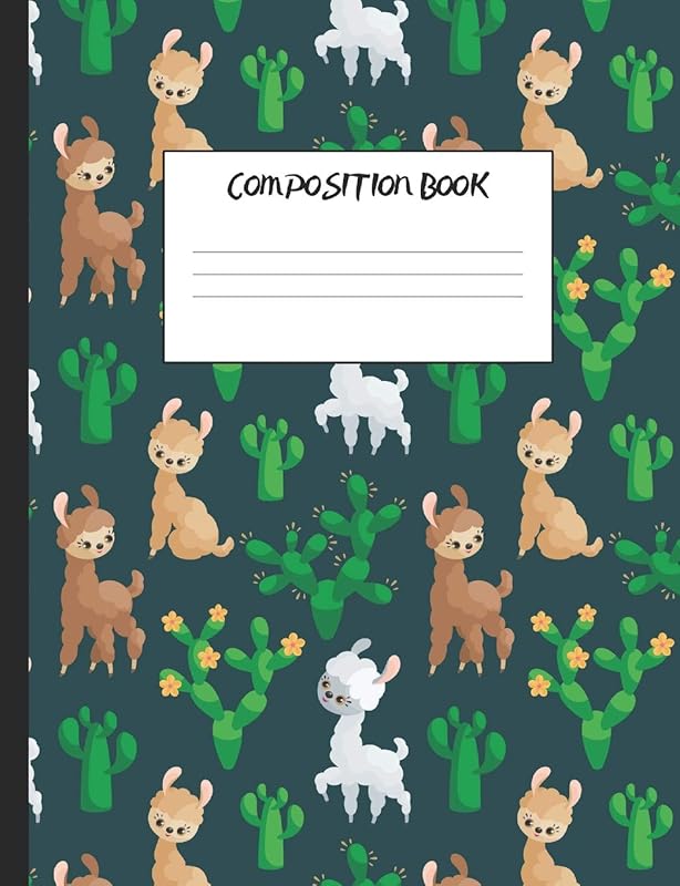 Composition Book: Cute White and Brown Llamas with Flowering Cacti, 200 Pages, College Ruled (7.44" x 9.69") by Larkspur & Tea Publishing
