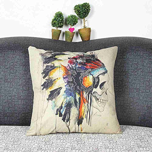 Wkae® Decorative Cotton Linen Square Throw Pillow Case Cushion Cover Throw Pillow Shell Pillowcase for Sofa Indian Totem Skull Head Pattern