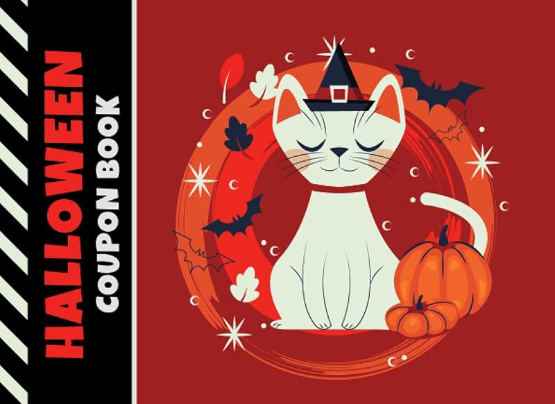 Halloween Coupon Book: 50 Empty Voucher in Booklet / Fill In Cute Blank Template Designs With Fun Rewards / Cartoon Cat in Witch Hat Art / Creative Gift Idea for Kids Tweens Teens by Flying Brooms Press