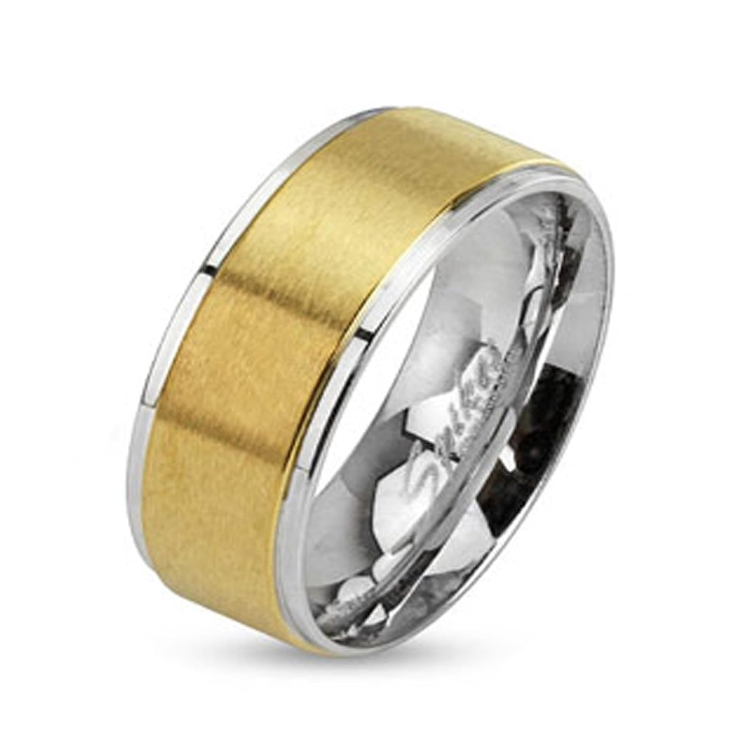 

Stainless Steel Two Tone Wedding Ring with Brushed Gold IP Center and Step Edges, Ring Width of 8MM