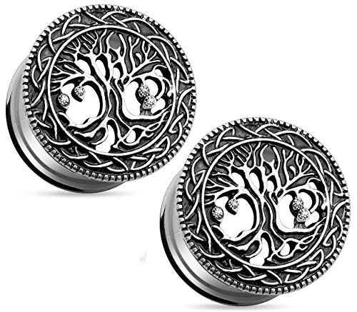 Tree of Life Face 316L Surgical Steel Ear Plugs, Double Flare Tunnel Ear Guages - Sold as Pair