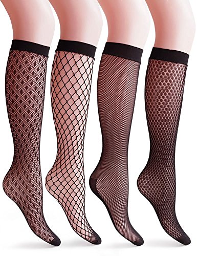 Vero Monte 4 Pairs Women's Fishnet Knee High Socks - Stylish Black + Hollow Out